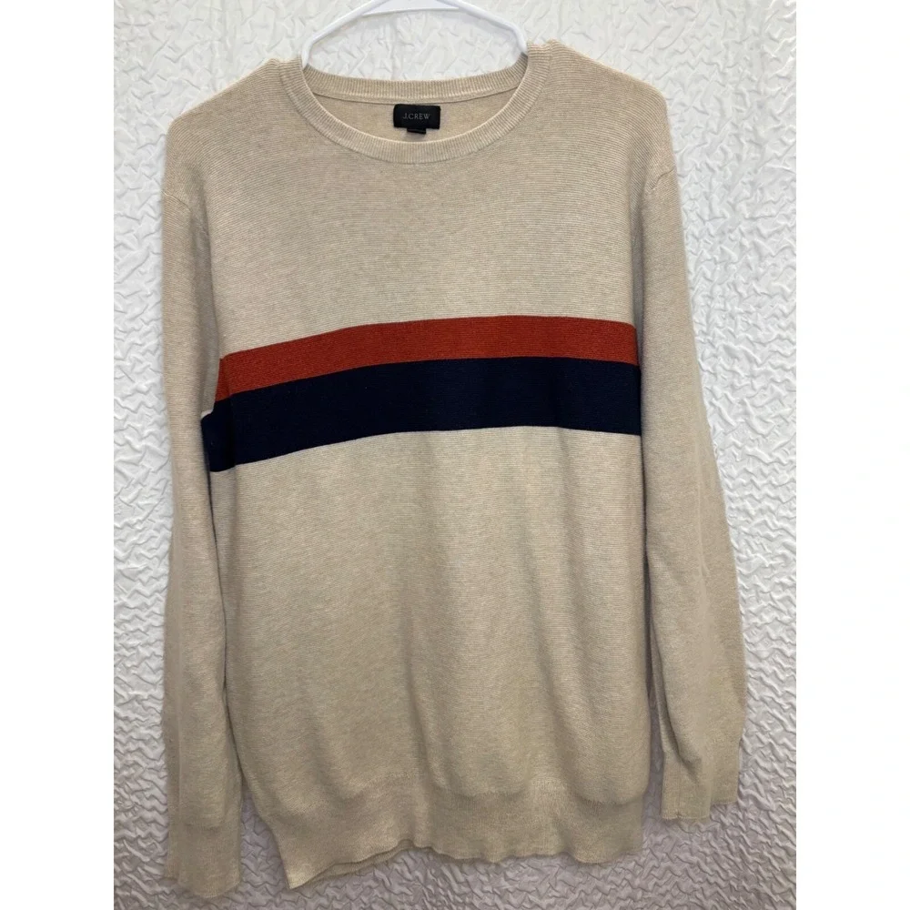 J. Crew Men's Crew Neck Sweater Beige Red Navy Stripe Size Medium